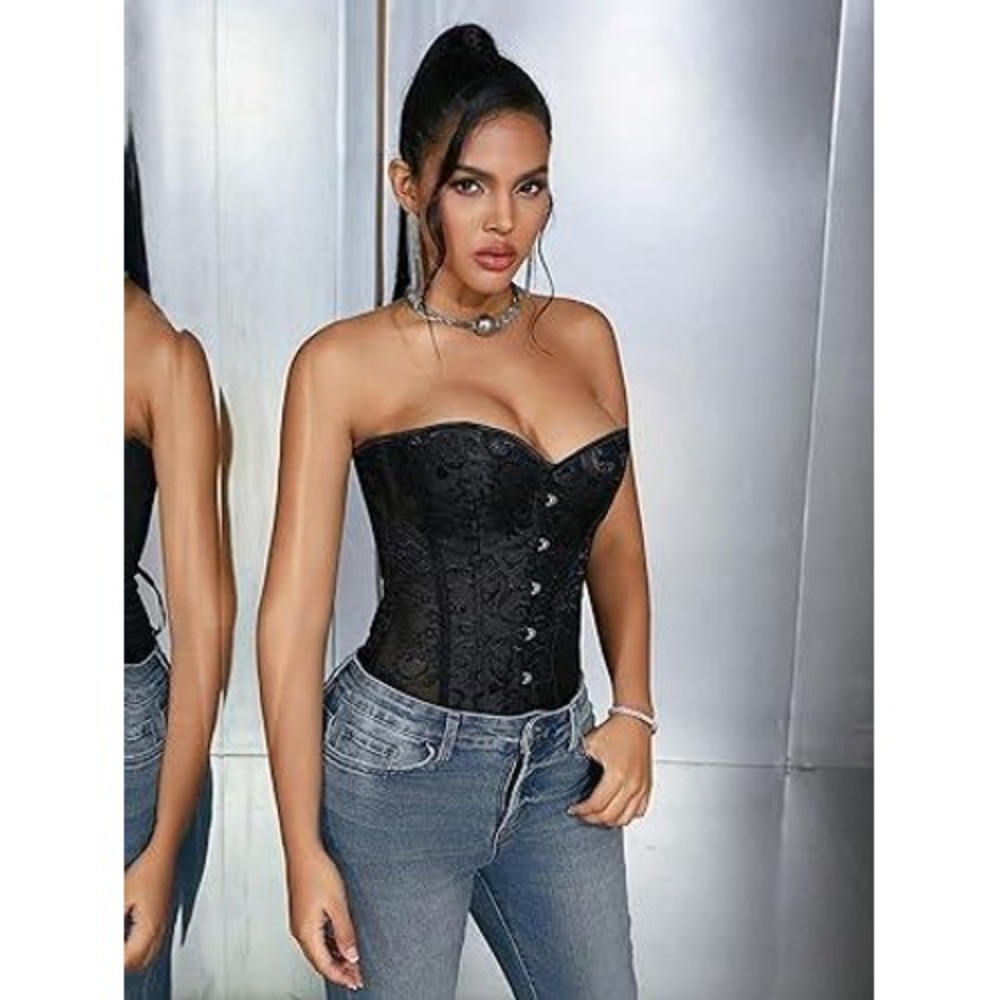 Black Floral Jacquard Lace Up Corset Top Strapless Busk Front Waist Cincher XS - Picture 3 of 3